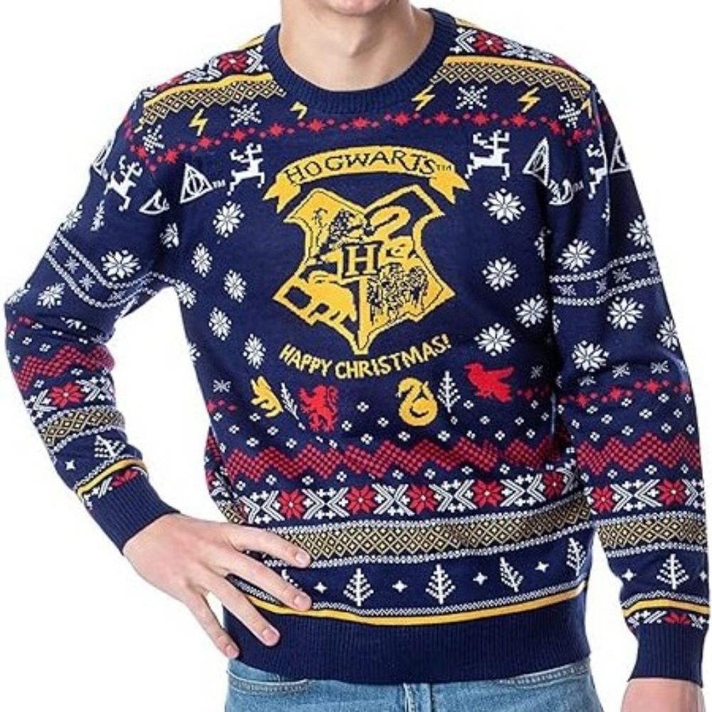 Warner Bros Harry Potter Hogwarts Happy Christmas Blue Gold Sweater Large Unisex